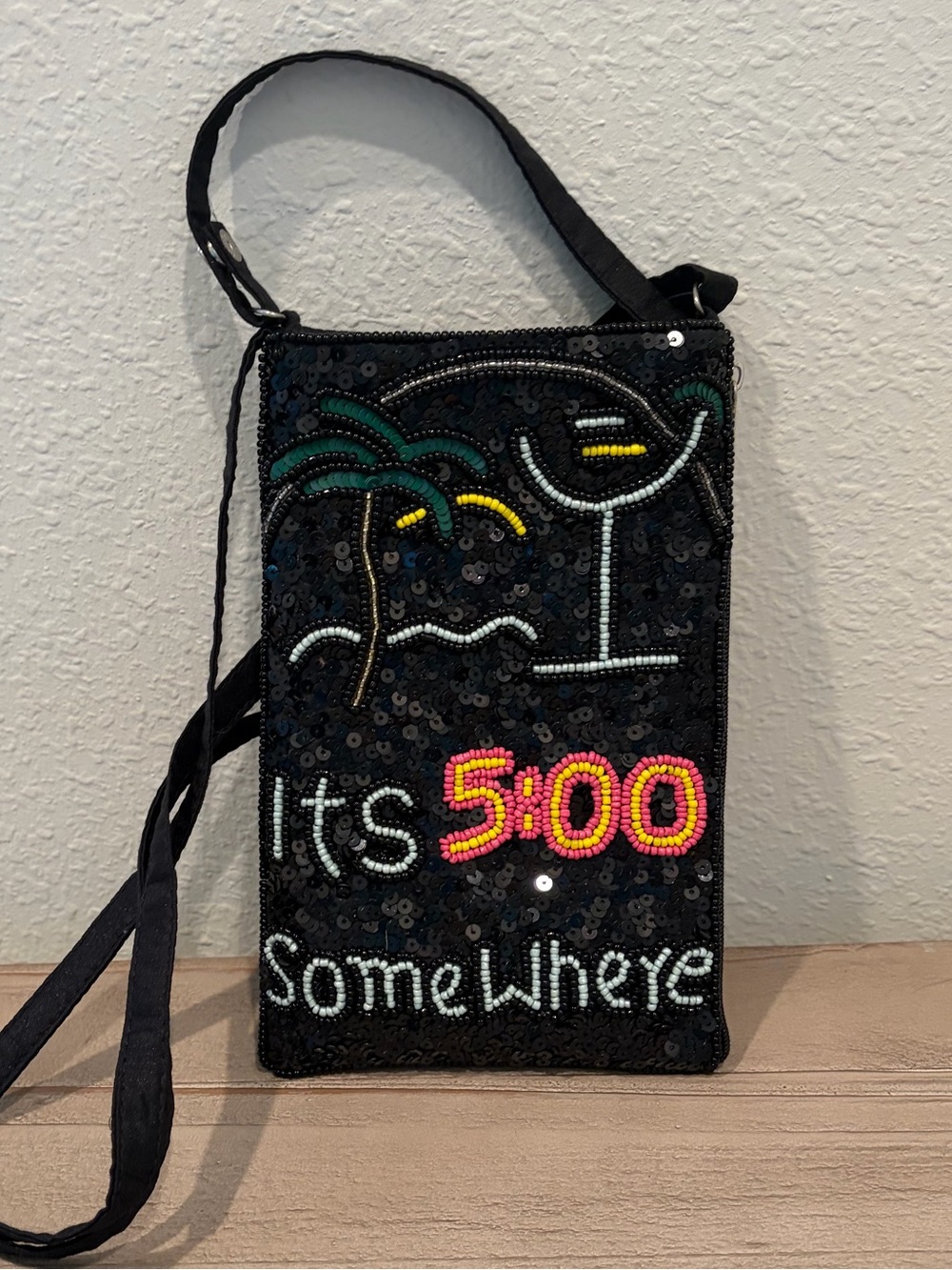 Bamboo Traders Black Sequin Crossbody Bag with Pink and Yellow Accent